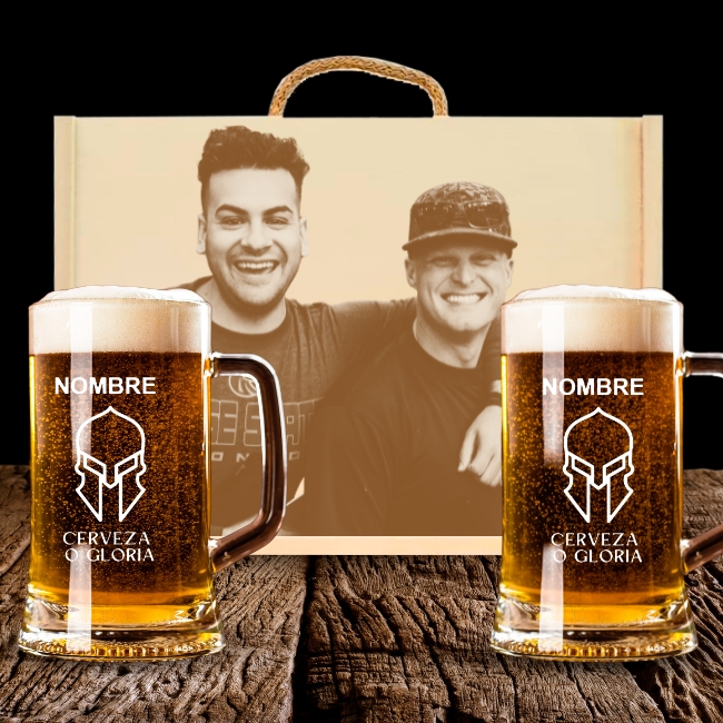 2 Jarras de Cerveza y Caja Personalizadas – Modelo Espartanos con Grabado Individual - Vino personalizado
