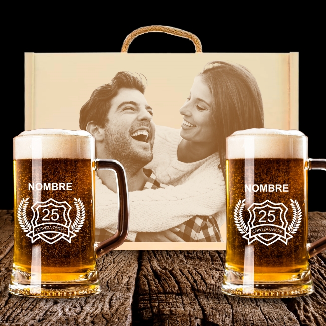 2 Jarras de Cerveza y Caja Personalizadas – Modelo Cerveza Oficial con Grabado Individual - Vino personalizado