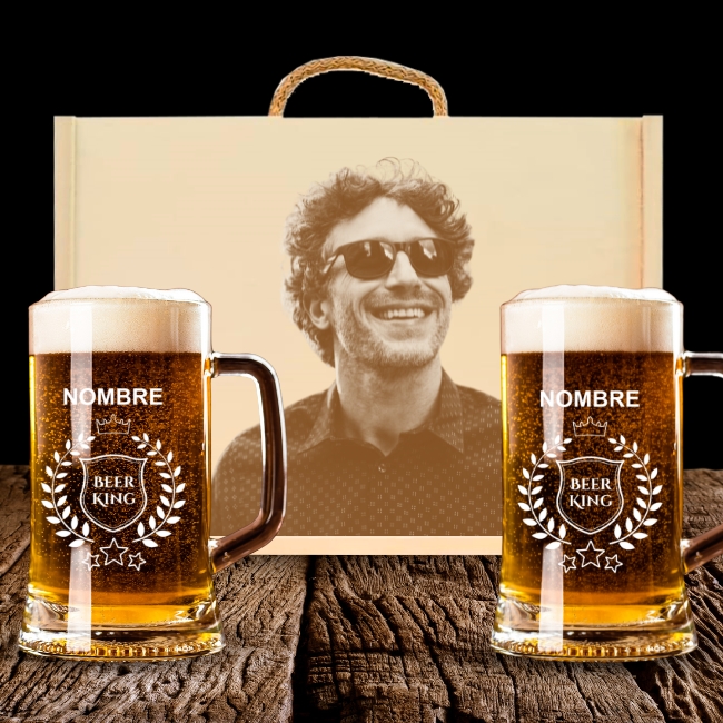 2 Jarras de Cerveza y Caja Personalizadas – Modelo Beer King con Grabado Individual - Vino personalizado