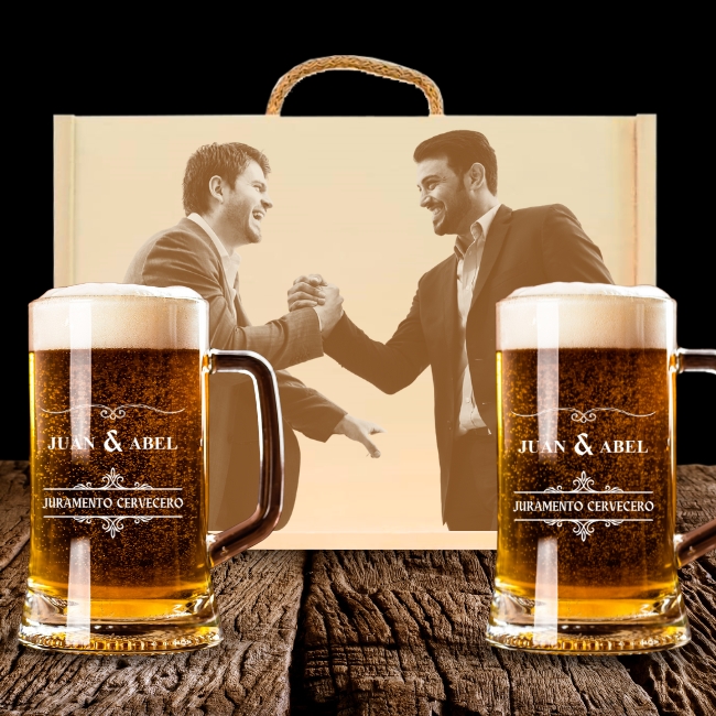 2 Jarras de Cerveza y Caja Personalizadas – Modelo Juramento Cervecero con Grabado Individual - Vino personalizado