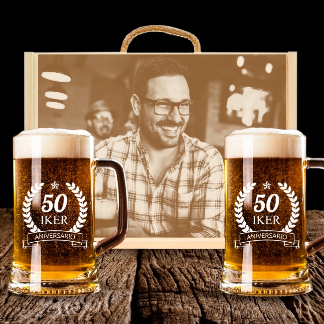 2 Jarras de Cerveza y Caja Personalizadas – Modelo Aniversario con Grabado Individual - Vino personalizado