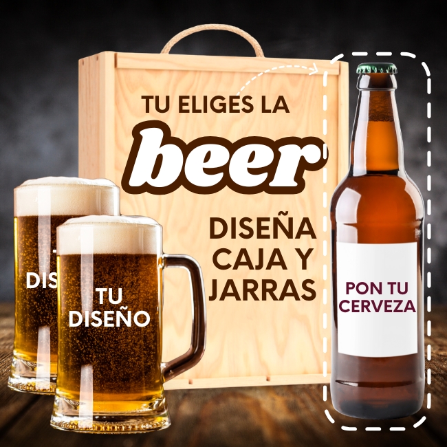 Kit Pon Tu Cerveza con Jarras y Caja de Madera Personalizados - Vino personalizado