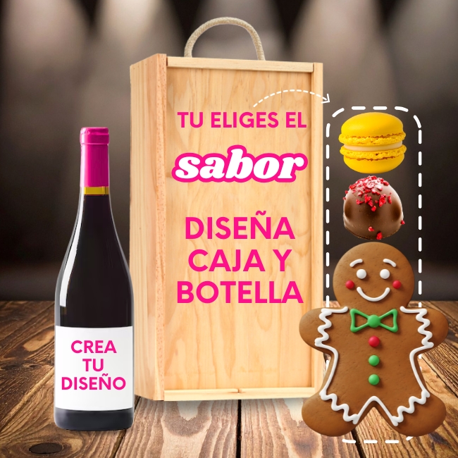 Kit Pon Tu Gourmet con Botella y Caja de Madera Personalizados - Vino personalizado