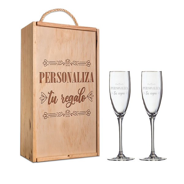 Kit de 2 Copas de cava grabadas a punta de diamante con estuche de madera personalizado - Vino personalizado