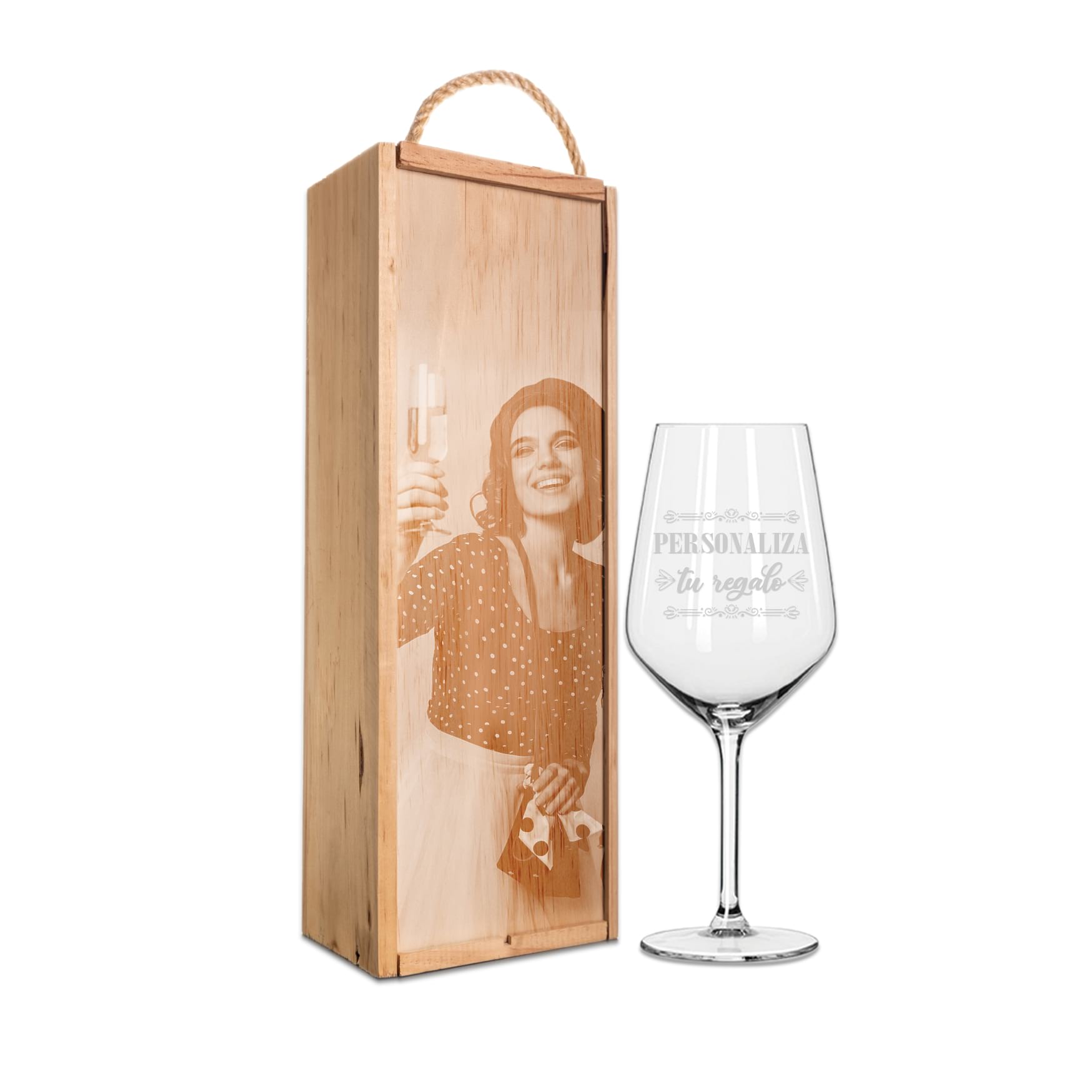Kit de 1 Copa de vino grabada a punta de diamante con estuche de madera personalizado - Vista alternativa