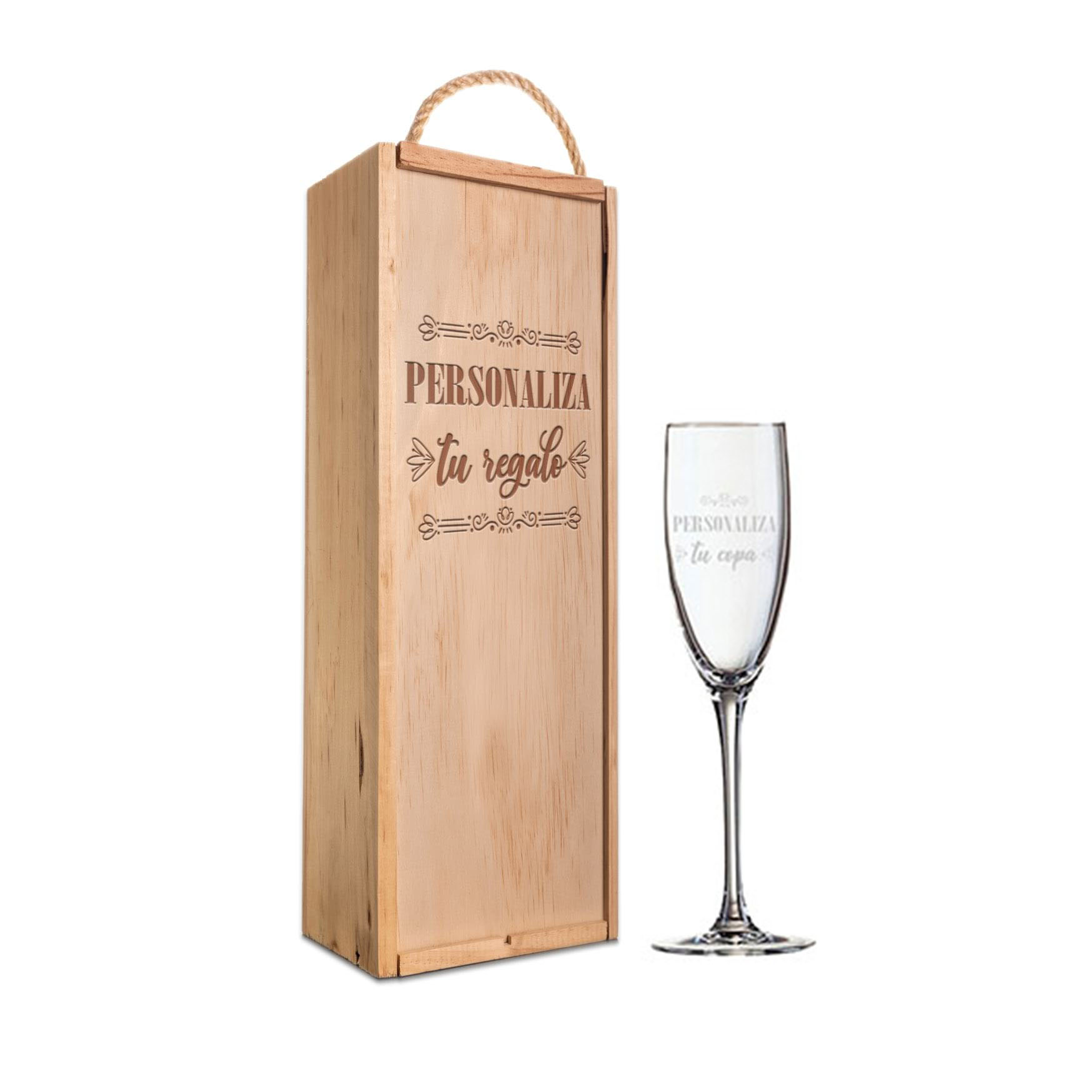 Kit de 1 Copa de cava grabada a punta de diamante con estuche de madera personalizado - Vino personalizado