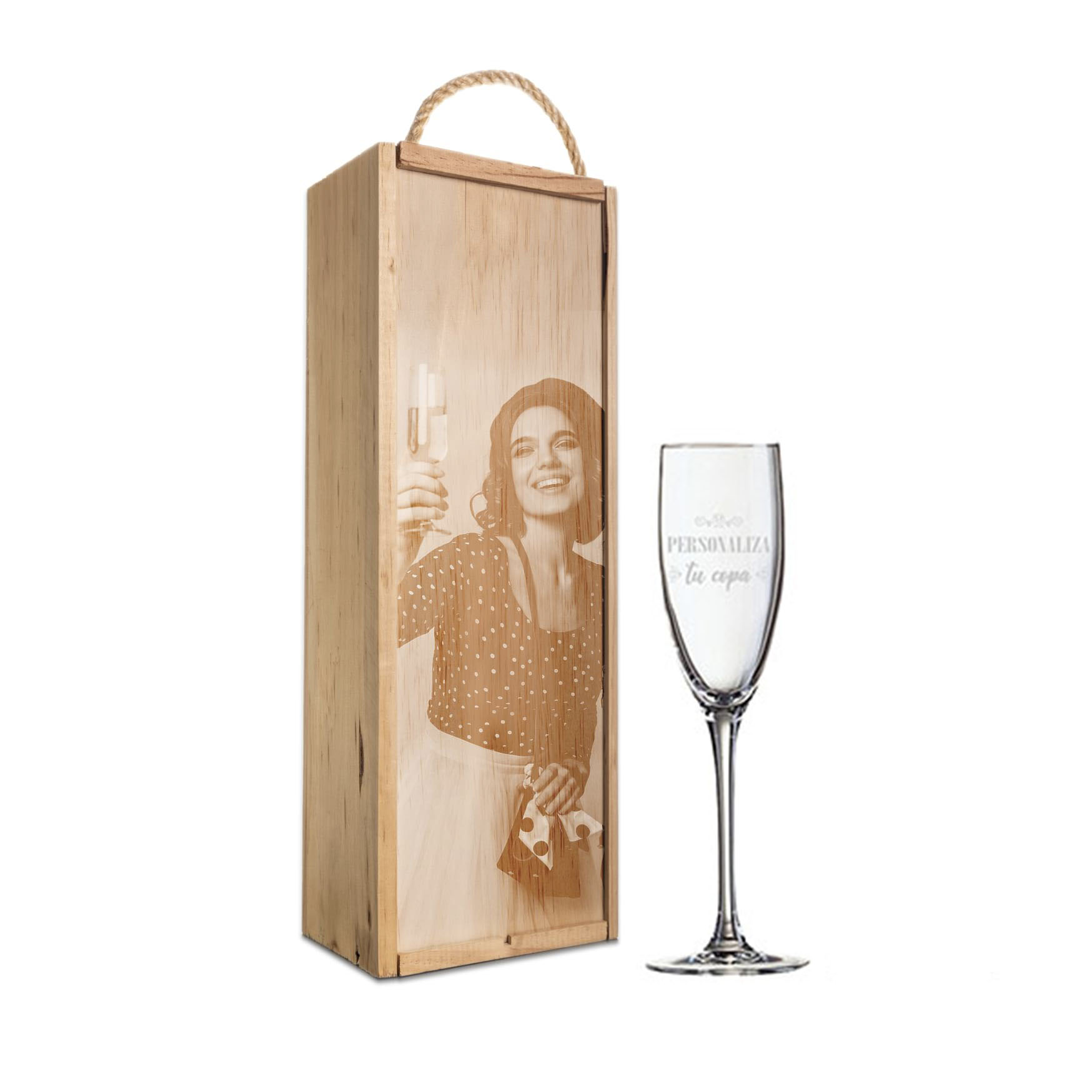 Kit de 1 Copa de cava grabada a punta de diamante con estuche de madera personalizado - Vista alternativa