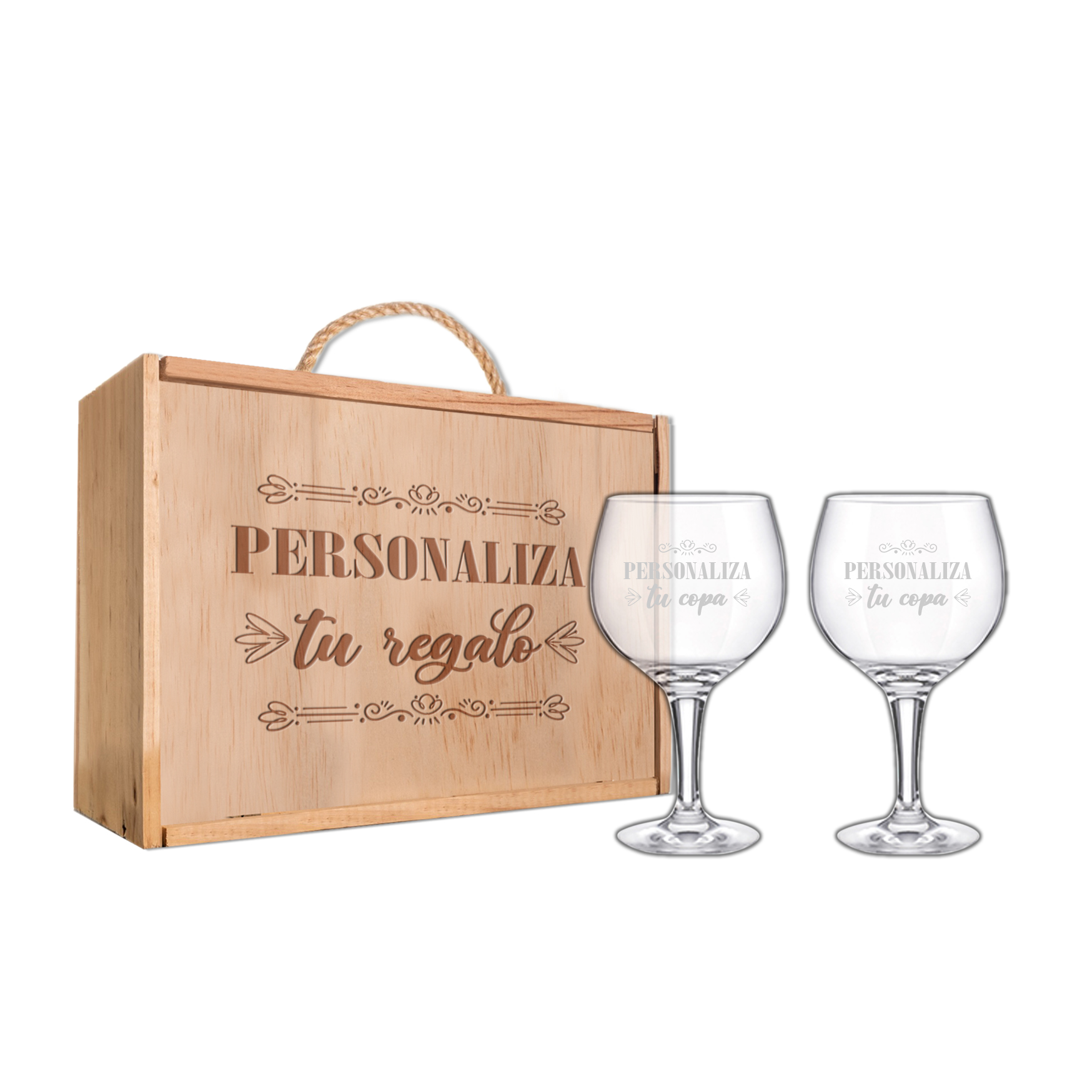 Kit de 2 Copas de Gintonic Grabadas a punta de diamante con estuche de madera personalizado - Vino personalizado