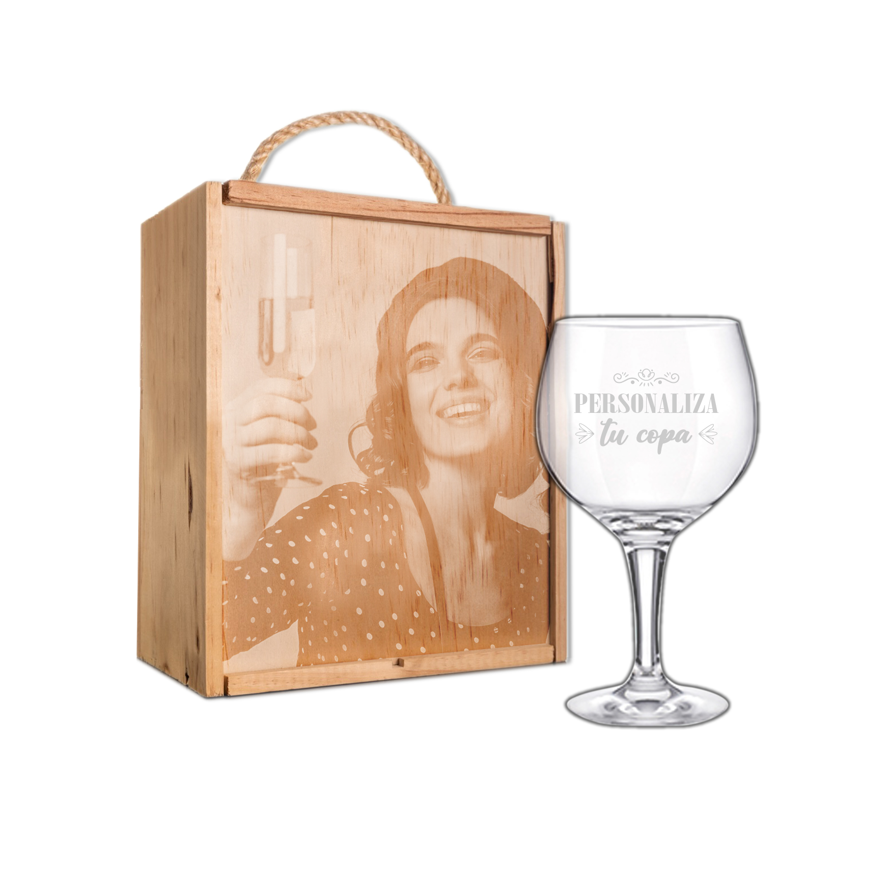 Kit de 1 Copa de Gintonic Grabada a punta de diamante con estuche de madera personalizado - Vista alternativa