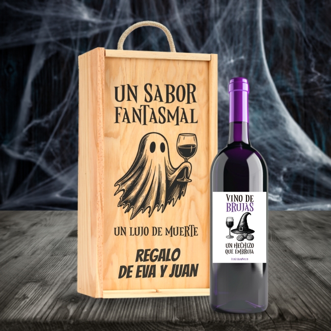 Caja y Botella de Vino 100% Personalizado con Espacio para Dulces y Decoración de Halloween - Vino personalizado