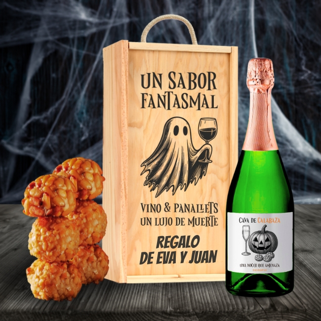 Caja y Botella de Vino 100% Personalizado con "Panellets" y Decoración de Halloween - Vino personalizado