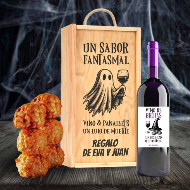 Caja y Botella de Vino 100% Personalizado con "Panellets" y Decoración de Halloween - Vista alternativa