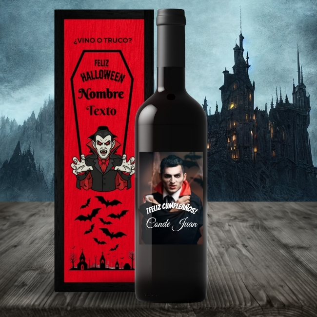 Sangre de Drácula – Vino Personalizado con Caja Ataúd a Color para Halloween - Vino personalizado
