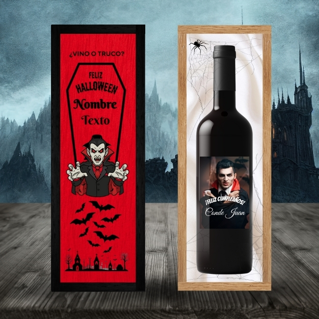 Sangre de Drácula – Vino Personalizado con Caja Ataúd a Color para Halloween - Vista alternativa