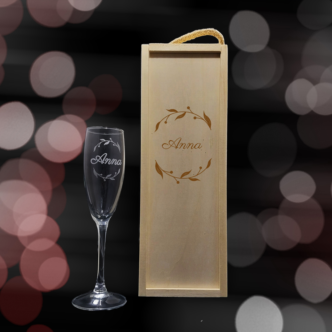 Kit de 1 Copa de cava grabada a punta de diamante con estuche de madera personalizado - Vino personalizado