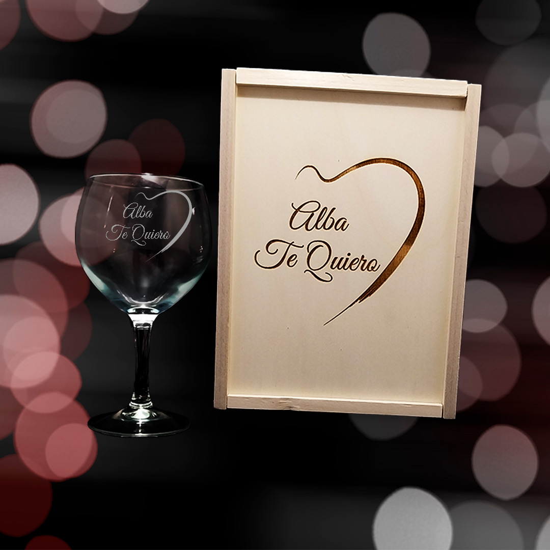 Kit de 1 Copa de Gintonic Grabada a punta de diamante con estuche de madera personalizado - Vino personalizado