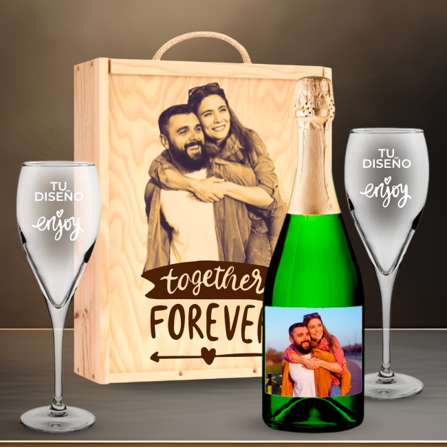 Kit de Espumoso Reserva personalizado con Caja y 2 Copas Cava Elegance - Vino personalizado
