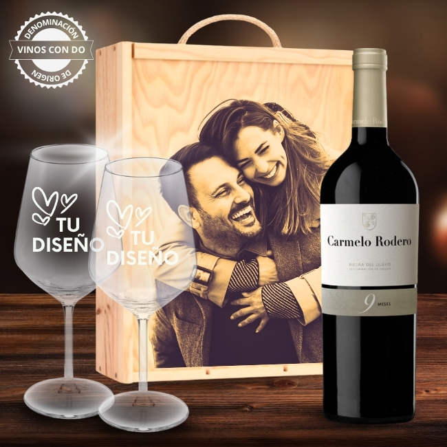 Kit de vino personalizado con caja y 2 copas – DO Ribera del Duero - Vino personalizado