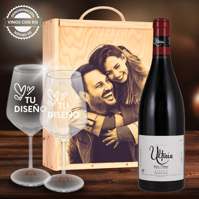 Kit de vino personalizado con caja y 2 copas – DO Bierzo - Vino personalizado