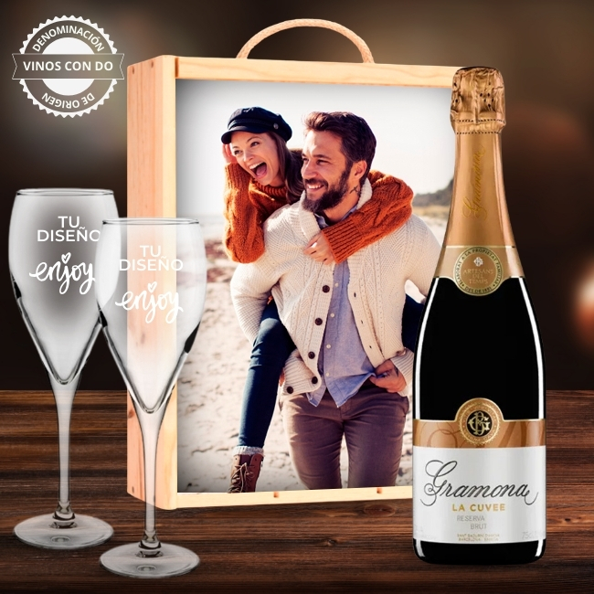 Kit de Espumoso personalizado con caja y 2 copas – Corpinnat - Vino personalizado