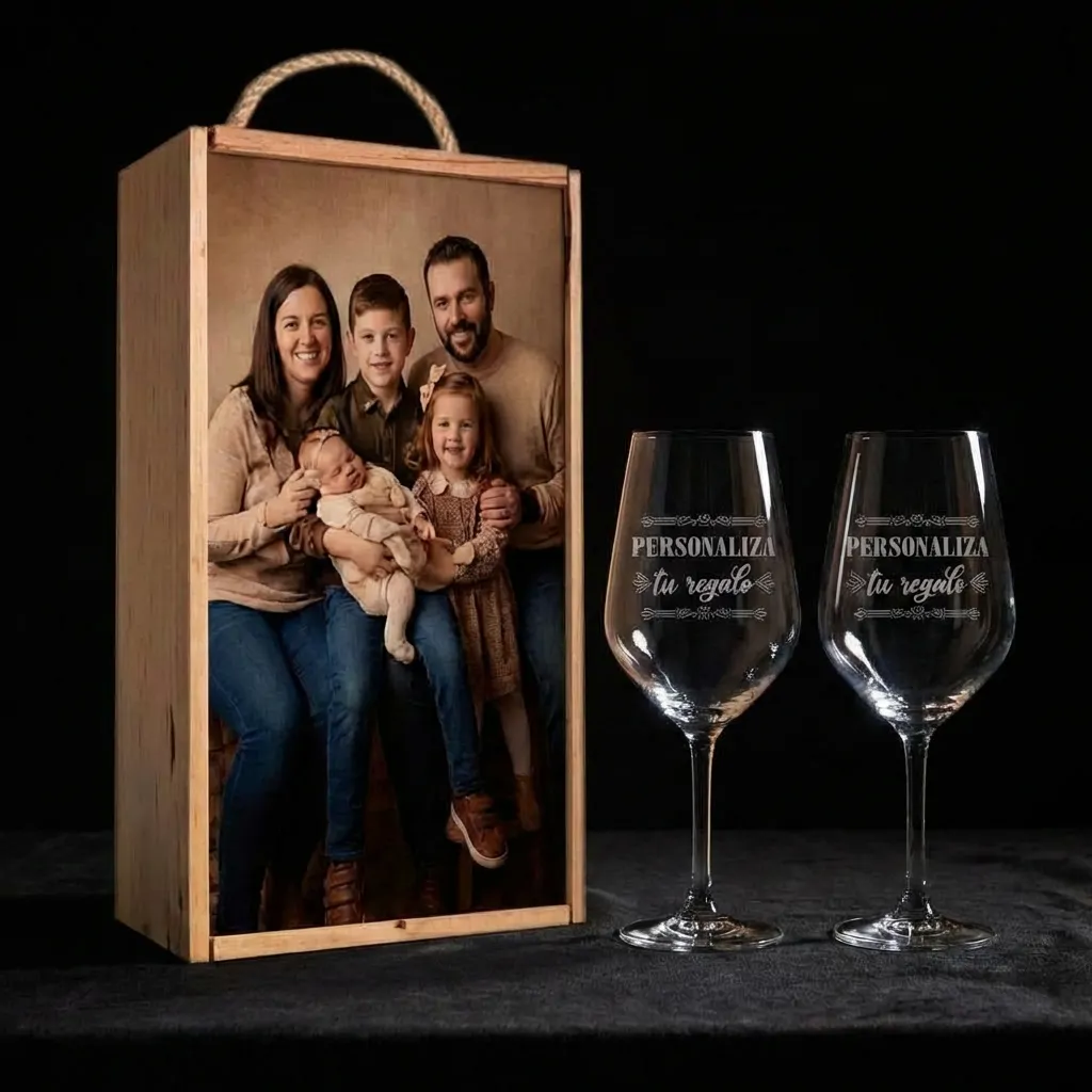 Cajas Personalizadas con Copas - Cajas de vino con copas grabadas y personalizadas para regalar en ocasiones especiales.