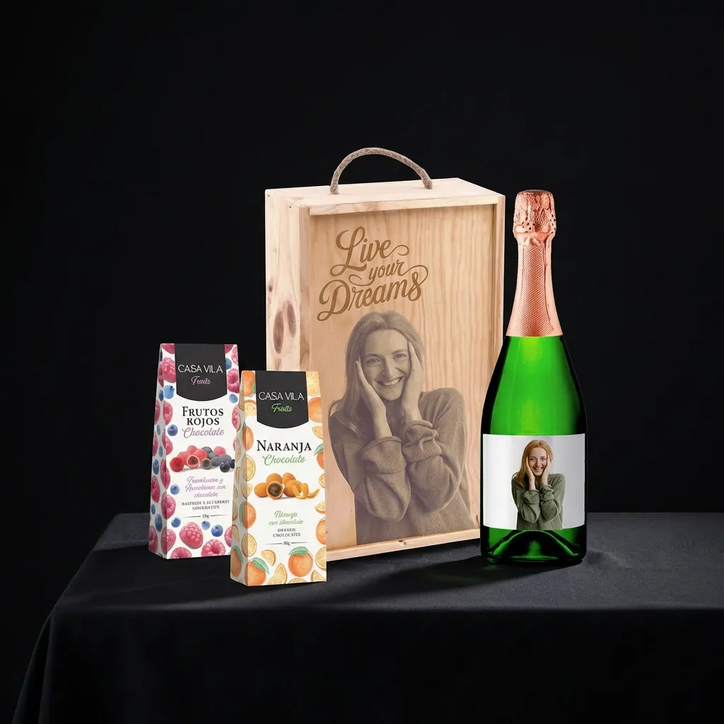 Cestas Gourmet Personalizadas con Vino - Cestas gourmet con vino personalizado y productos delicatessen para regalar.
