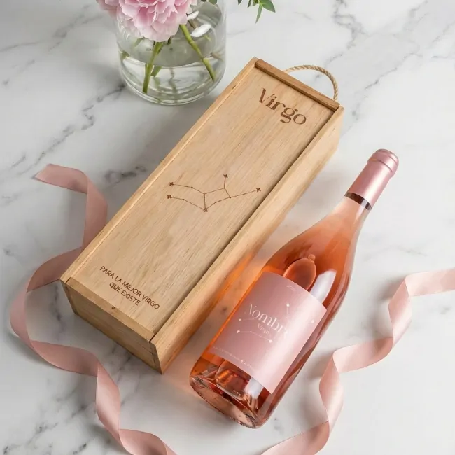 Estuche Rosé ‘Tu vino, tu constelación del zodíaco’. - Estuche Rosé Tu vino, tu horóscopo - Caja de madera con Vino Rosado premium Personalizado.